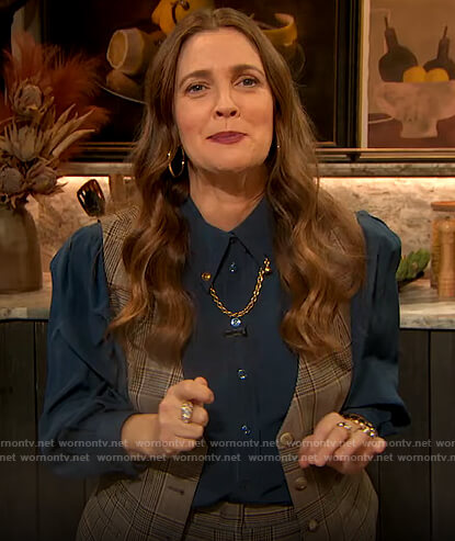 Drew's blue chain embellished blouse on The Drew Barrymore Show