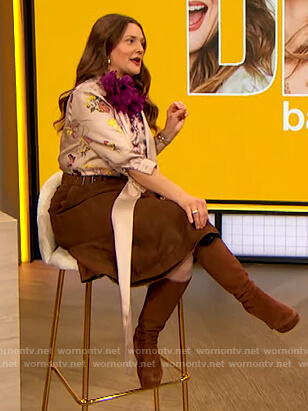 Drew's floral tie neck blouse and skirt on The Drew Barrymore Show