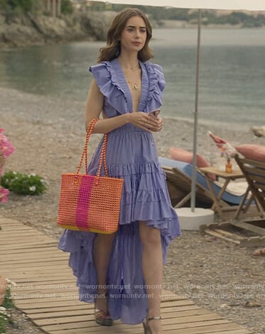Emily's blue hi lo ruffled dress on Emily in Paris