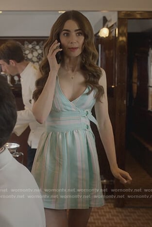 Emily's blue stripe mini dress on Emily in Paris