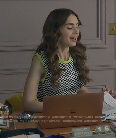 Emily's checkerboard top on Emily in Paris