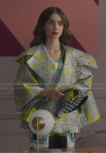 Emily's yellow floral jacket on Emily in Paris