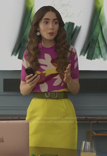 Emily's pink floral short sleeve sweater on Emily in Paris