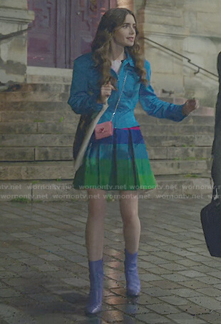 Emily's blue peplum zip jacket on Emily in Paris