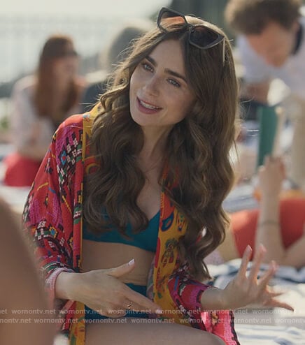 Emily's printed robe on Emily in Paris