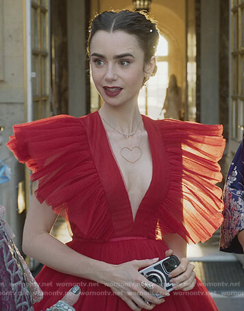 Emily's red tulle ruffle dress on Emily in Paris