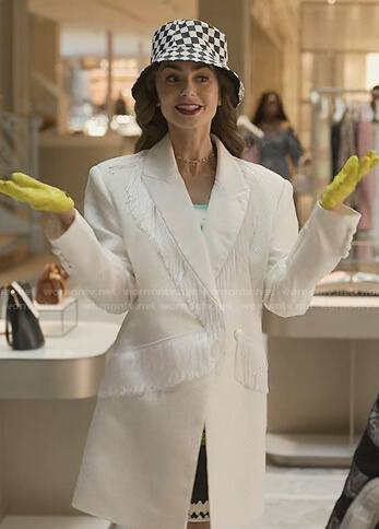 Emily's white fringed blazer dress on Emily in Paris