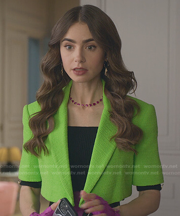 Emily's green cropped jacket on Emily in Paris