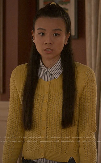Evangeline's yellow knit cardigan on The Sex Lives of College Girls