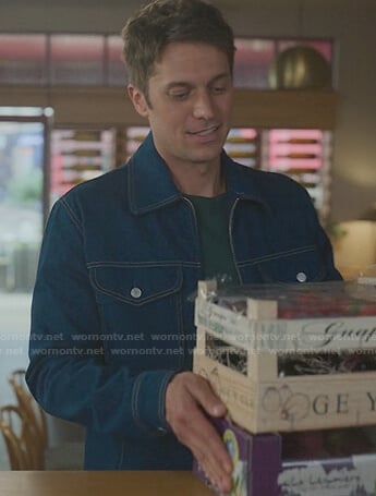 Gabriel's zip front denim jacket on Emily in Paris