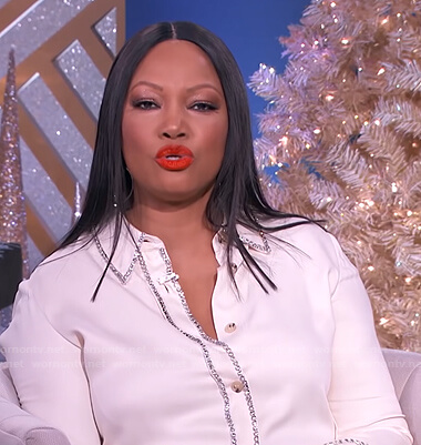 Garcelle's white rhinestone-trim blouse on The Real