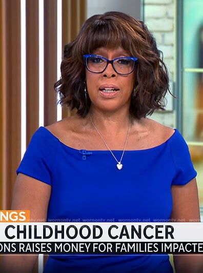 Gayle King's blue off-shoulder sheath dress on CBS Mornings