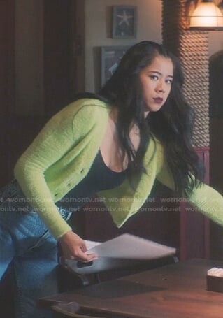 George's green cropped fuzzy cardigan on Nancy Drew