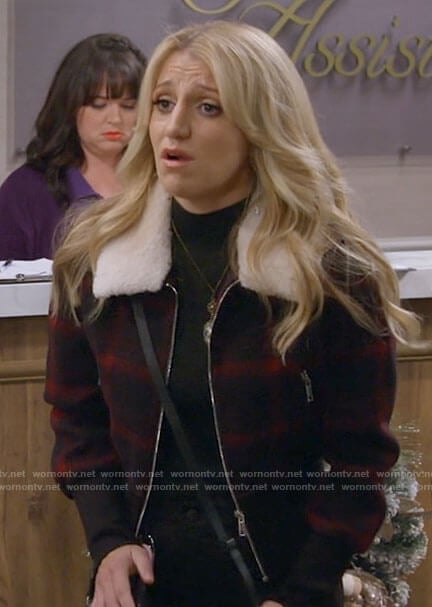 Gina's red plaid jacket with fur collar on B Positive