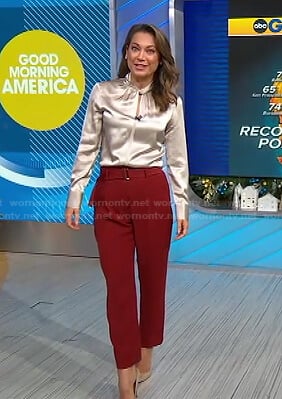 Ginger's keyhole satin blouse and burgundy belted pants on Good Morning America