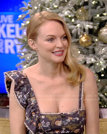 Heather Graham's navy floral ruffle dress on Live with Kelly and Ryan