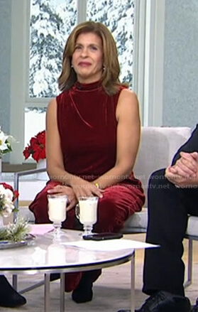 Hoda's red velvet sleeveless jumpsuit on Today