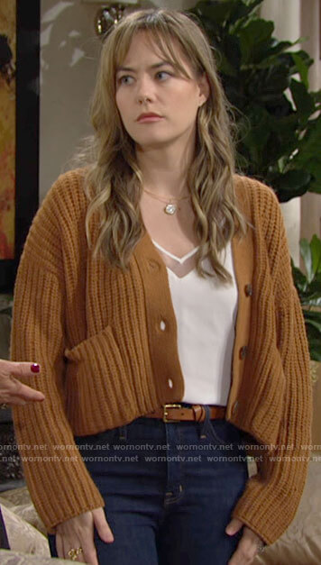 Hope's white mesh trim cami and knit cardigan on The Bold and the Beautiful