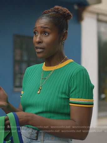 Issa's green ribbed contrast stripe top on Insecure