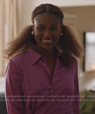 Issa's purple satin tie waist shirtdress on Insecure