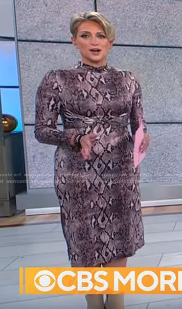 Jamie Yuccas's snake print long sleeve dress on CBS Mornings