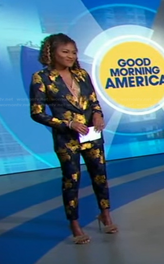 Janai's black and gold floral suit on Good Morning America