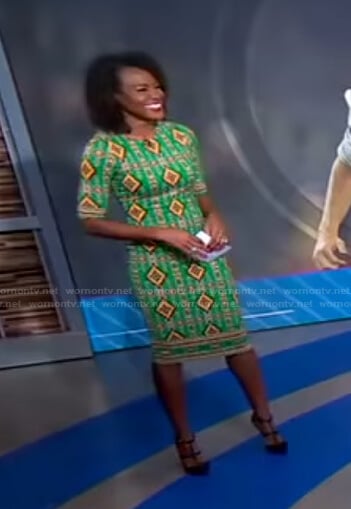 Janai's green ikat print fitted dress on Good Morning America