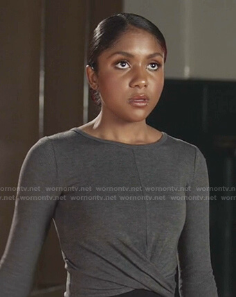 Jen's grey twisted cropped top on All American