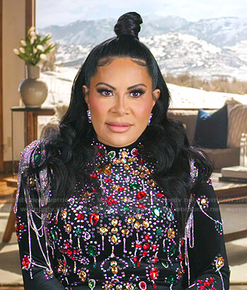 Jen's black rhinestone embellished dress on The Real Housewives of Salt Lake City