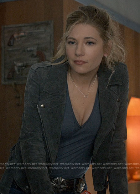 Jenny's grey suede moto jacket on Big Sky