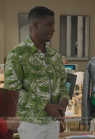 Julien's palm print denim jacket on Emily in Paris