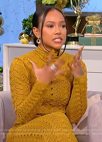 Karrueche Tran's mustard eyelet dress on Tamron Hall Show