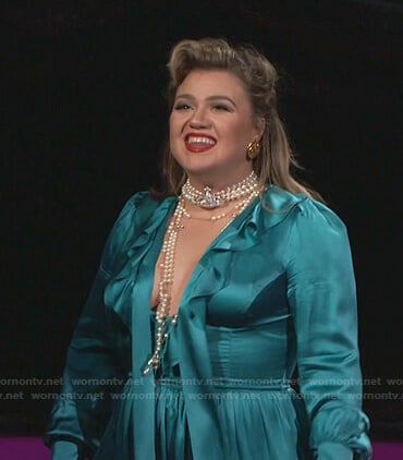 Kelly's teal ruffle satin dress on The Voice