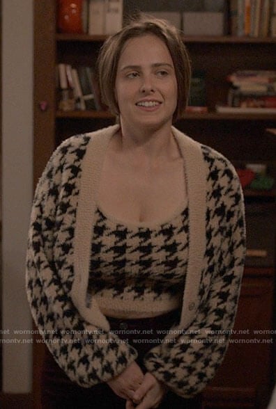 Kimberly's fluffy houndstooth top and cardigan set on The Sex Lives of College Girls