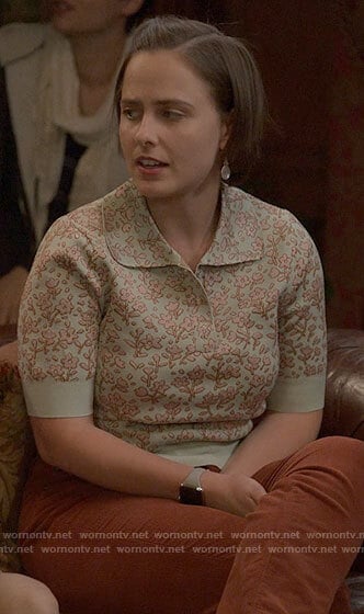Kimberly's green floral polo top on The Sex Lives of College Girls