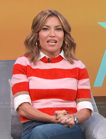 Kit's pink, red and metallic striped sweater on Access Hollywood