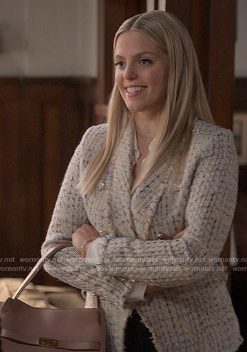 Leighton's metallic tweed blazer on The Sex Lives of College Girls