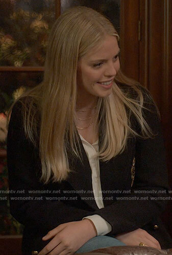 Leighton's navy blazer with patch on The Sex Lives of College Girls