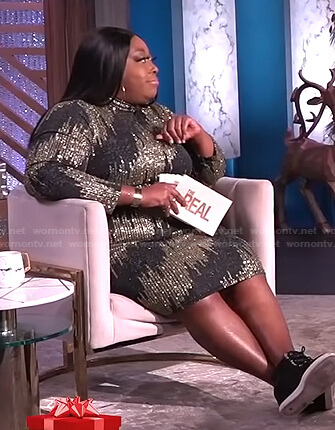 Loni's black and gold embellished sweater dress on The Real