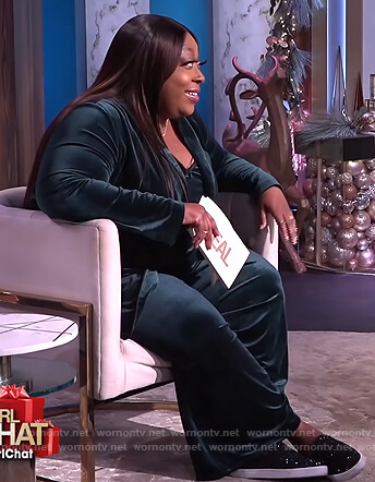 Loni's green velvet jacket and pants on The Real