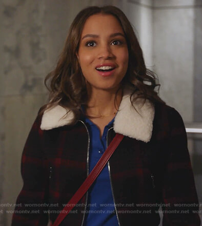May's navy plaid shearling collar jacket on 9-1-1