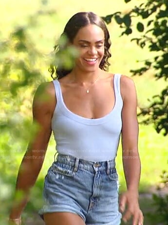 Michelle's blue tank and denim shorts on The Bachelorette