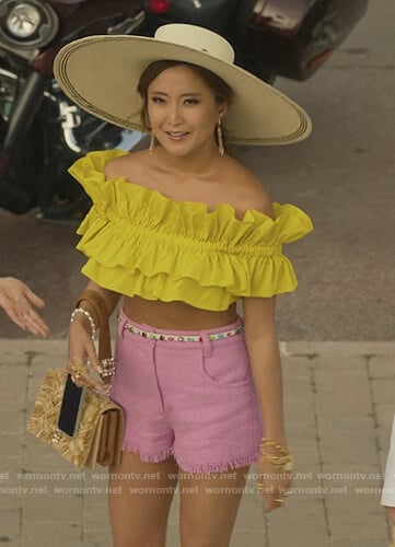 Mindy's yellow ruffled crop top on Emily in Paris