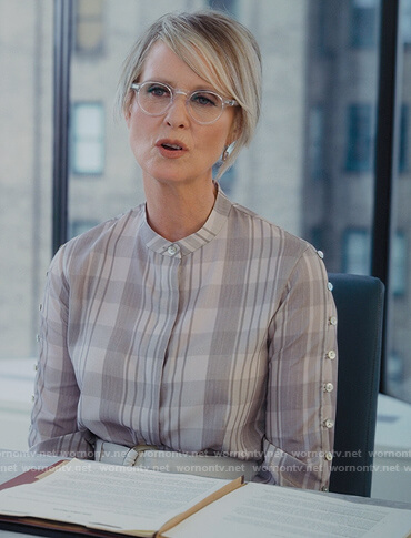 Miranda's checked blouse with button sleeves on And Just Like That