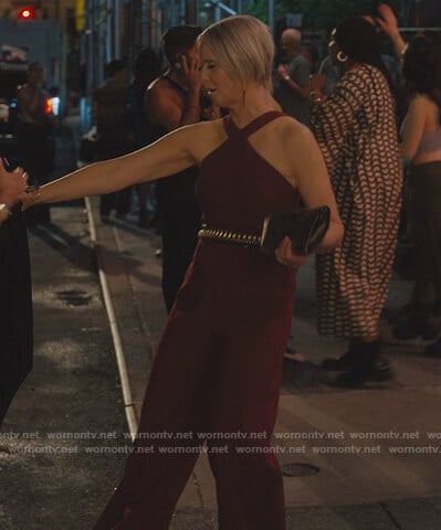 Miranda's burgundy halter jumpsuit on And Just Like That