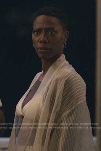 Molly's white sheer stripe kimono on Insecure