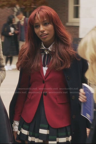 Monet's red blazer and stripe pleated skirt on Gossip Girl