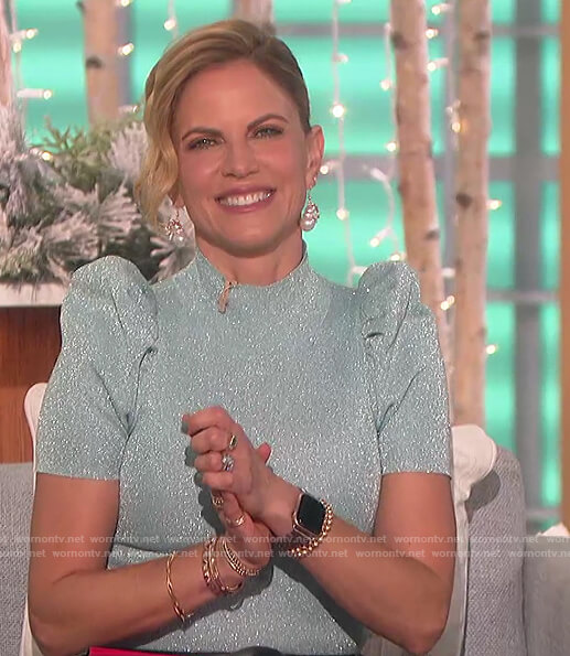 Natalie's blue metallic puff sleeve top on The Talk