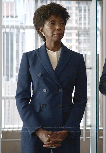 Olivia's navy double breasted blazer on Bull