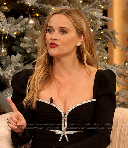 Reese Witherspoon's black embellished trim dress on The Drew Barrymore Show